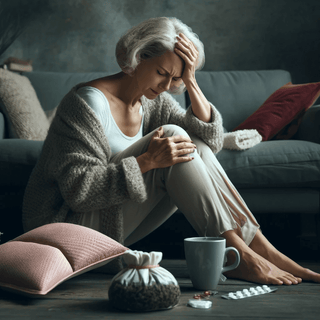 Femme mûre en proie à des douleurs de ménopause, entourée d'un coussin chauffant, d'une tasse de tisane et de médicaments, dans un cadre intime et sombre.