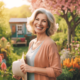 Une femme dans la cinquantaine souriante, profitant de la vie en plein air parmi des fleurs en floraison et de la verdure, reflétant les aspects positifs de la vie après la ménopause et mettant en avant santé et bonheur