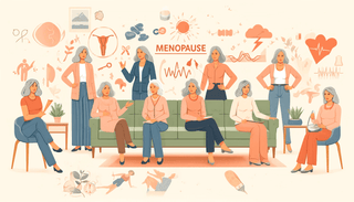 un groupe de femmes d'âge moyen, chacune exprimant différents symptômes de la ménopause tels que les bouffées de chaleur, les troubles du sommeil, les douleurs articulaires et les variations d'humeur