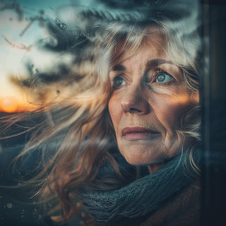 femme en ménopause regardant par la fenêtre et qui regarde un coucher de soleil