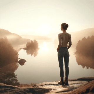 Image pleine de sérénité et d'empowerment d'une femme dans la fin de la trentaine, debout sur un promontoire face à un lac brumeux au lever du soleil, symbolisant sa force et sa réflexion durant cette période de transition.