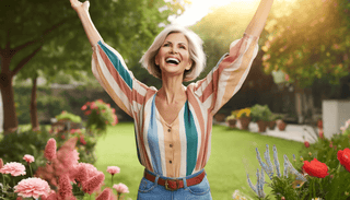 Une femme caucasienne mûre, dans la fin de la cinquantaine, aux cheveux courts blonds, portant une blouse colorée et un jean, lève joyeusement les bras en l'air dans un parc ensoleillé, symbolisant la santé vibrante et le bonheur après la ménopause.