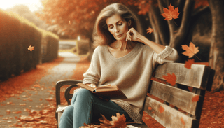 Femme d'âge mûr dans la cinquantaine, seule sur un banc de parc entourée de feuilles d'automne, symbolisant le calme et la maturité pendant la ménopause.